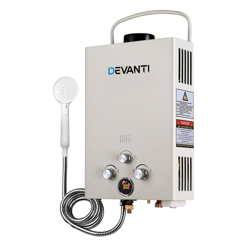 Devanti Outdoor Gas Hot Water Heater Portable Camping Shower 12V Pump Grey Payday Deals