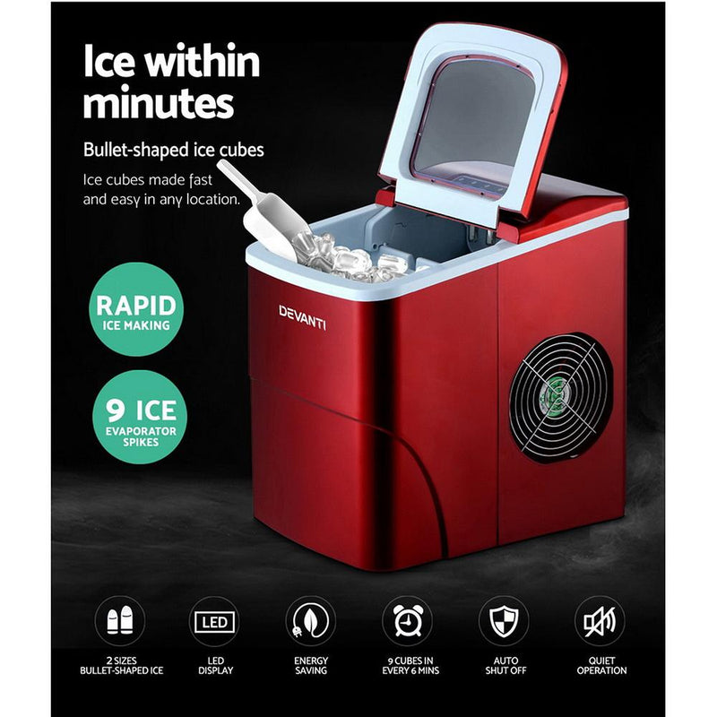 DEVANTi Portable Ice Cube Maker Machine 2L Home Bar Benchtop Easy Quick Red Payday Deals