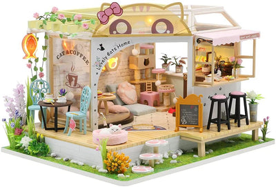 Dollhouse Miniature with Furniture Kit Plus Dust Proof and Music Movement - Cat Coffee (Valentine's Day Gift Idea) Payday Deals
