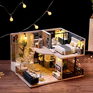 Dollhouse Miniature with Furniture Kit Plus Dust Proof and Music Movement - Cozy time  (Valentine's Day Gift Idea) Payday Deals