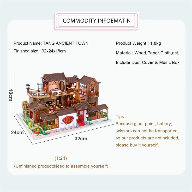 Dollhouse Miniature with Furniture Kit Plus Dust Proof and Music Movement - Tang Dinasty Town (1:24 Scale Creative Room Idea) Payday Deals