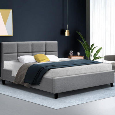 Double Full Size Bed Frame Base Mattress Fabric Wooden Grey TINO