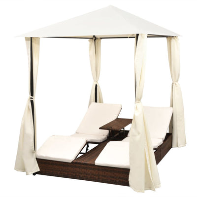 Double Sun Lounger with Curtains Poly Rattan Brown Payday Deals