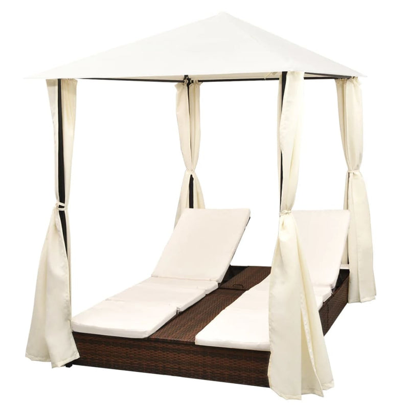 Double Sun Lounger with Curtains Poly Rattan Brown Payday Deals