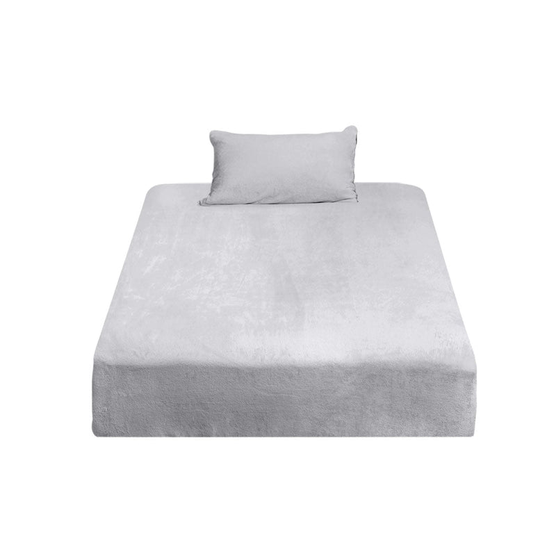 DreamZ Fitted Bed Sheet Set Pillowcase Flannel Single Size Winter Warm Silver Payday Deals