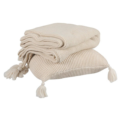 DreamZ Knitting Throw Blanket Cushion Set Pillow Tassel Fringe Sofa Bed Ivory Payday Deals