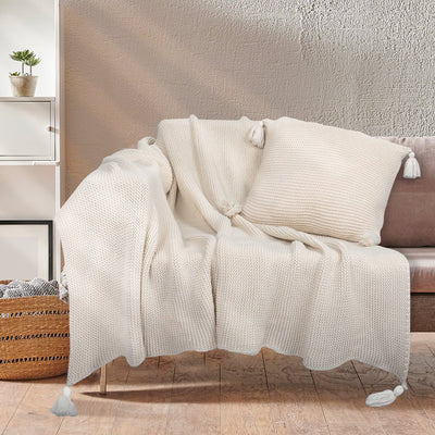 DreamZ Knitting Throw Blanket Cushion Set Pillow Tassel Fringe Sofa Bed Ivory Payday Deals