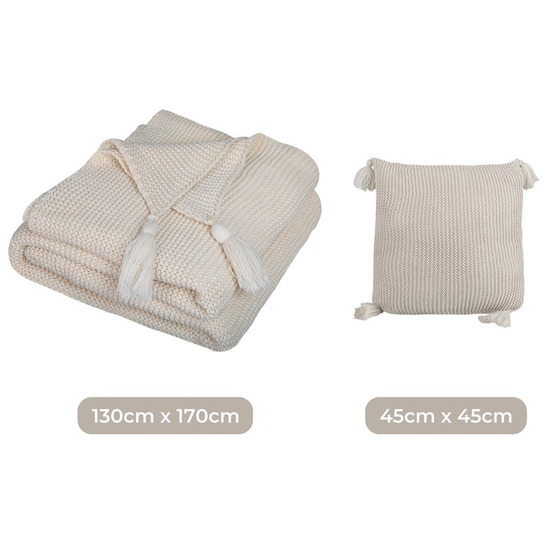 DreamZ Knitting Throw Blanket Cushion Set Pillow Tassel Fringe Sofa Bed Ivory Payday Deals