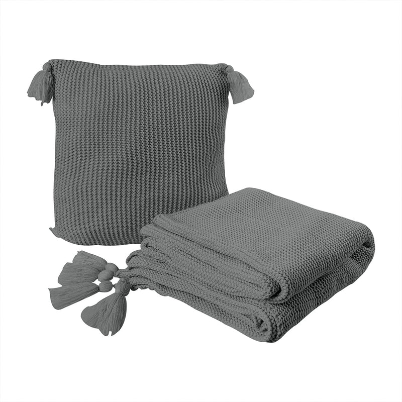 DreamZ Knitting Throw Blanket Cushion Set Pillow Tassel Fringe Sofa Bed Rug Grey Payday Deals