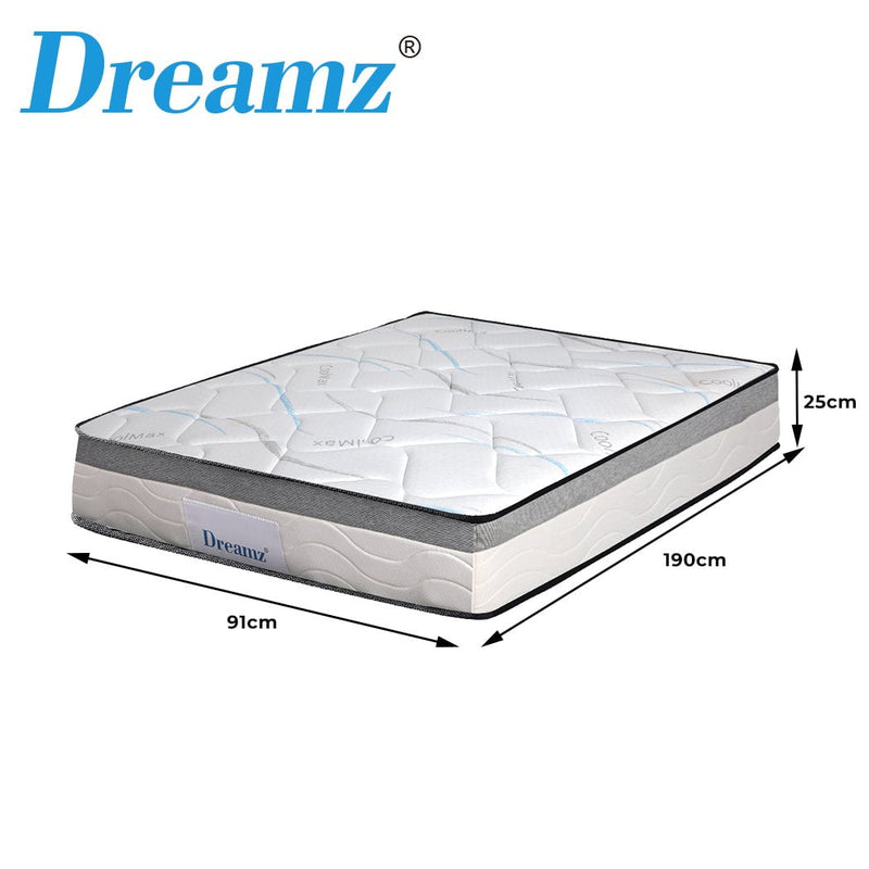 Dreamz Mattress Single Size Bed Top Pocket Spring Medium Firm Premium Foam 25CM Payday Deals