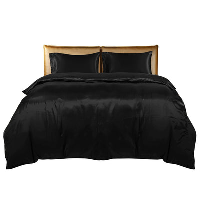 DreamZ Silky Satin Quilt Cover Set Bedspread Pillowcases Summer Double Black Payday Deals