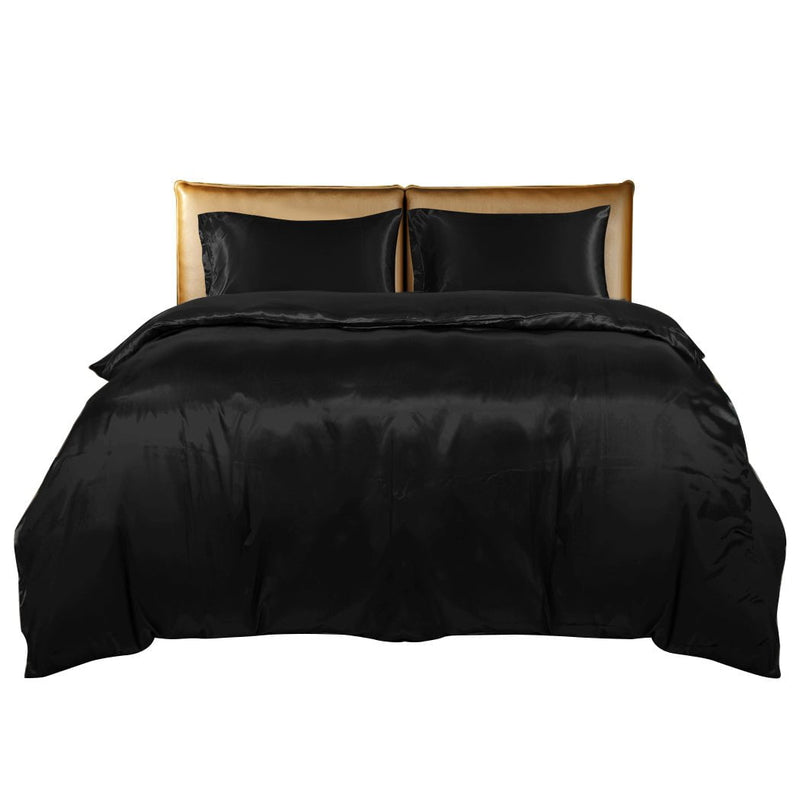 DreamZ Silky Satin Quilt Cover Set Bedspread Pillowcases Summer Double Black Payday Deals