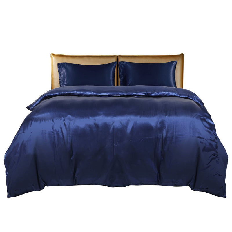 DreamZ Silky Satin Quilt Cover Set Bedspread Pillowcases Summer Double Blue Payday Deals