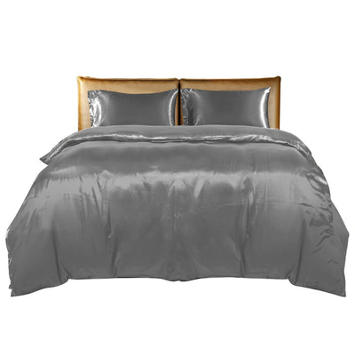 DreamZ Silky Satin Quilt Cover Set Bedspread Pillowcases Summer Double Grey Payday Deals
