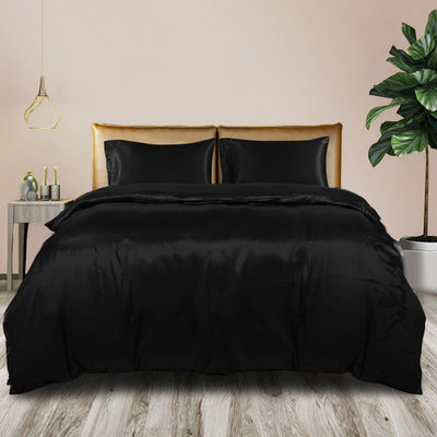 DreamZ Silky Satin Quilt Cover Set Bedspread Pillowcases Summer King Black Payday Deals