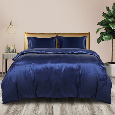 DreamZ Silky Satin Quilt Cover Set Bedspread Pillowcases Summer Queen Blue Payday Deals