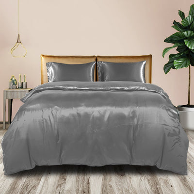 DreamZ Silky Satin Quilt Cover Set Bedspread Pillowcases Summer Queen Grey Payday Deals