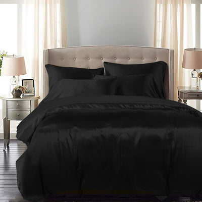 DreamZ Silky Satin Quilt Cover Set Bedspread Pillowcases Summer Single Black Payday Deals
