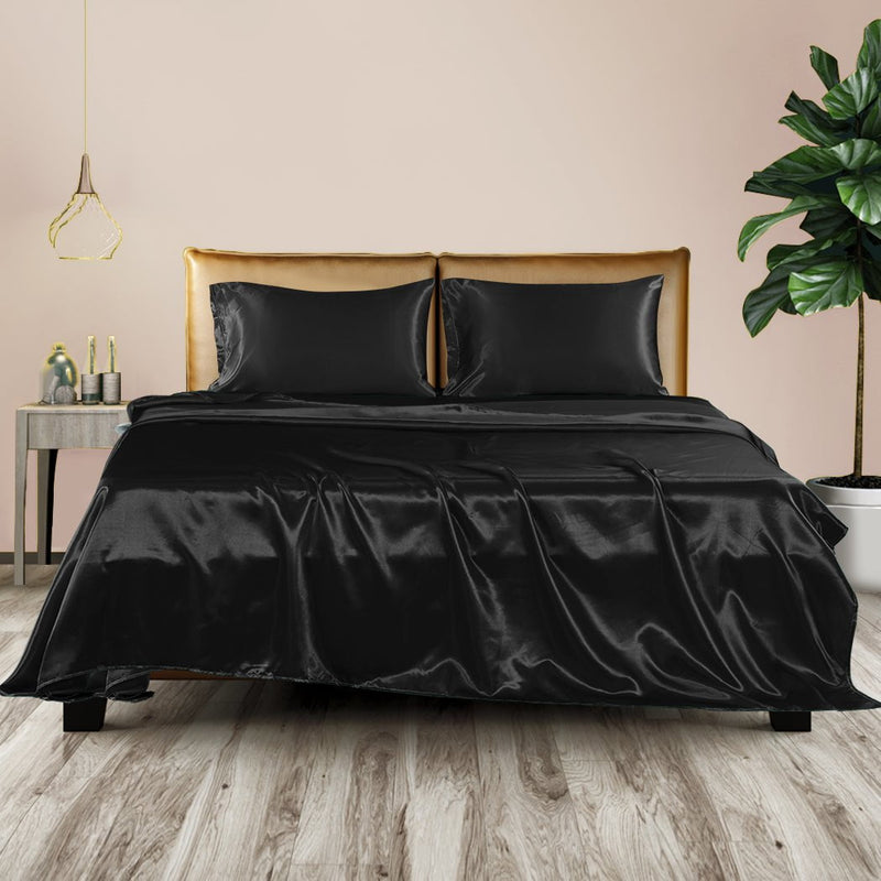 DreamZ Silky Satin Sheets Fitted Bed Sheet Pillowcases Summer King Single Black Payday Deals