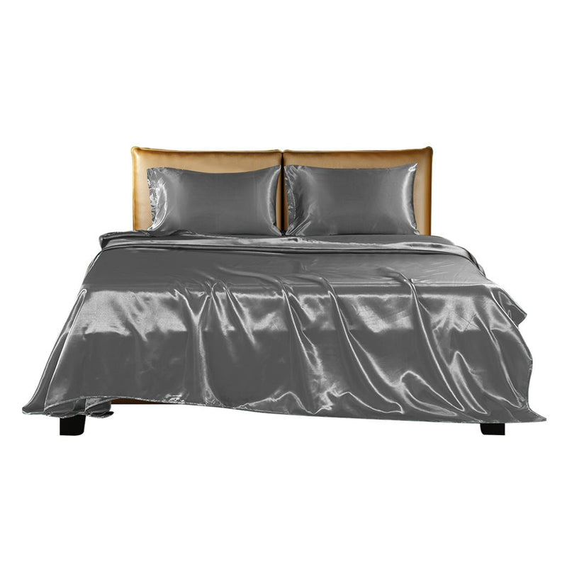 DreamZ Silky Satin Sheets Fitted Bed Sheet Pillowcases Summer King Single Grey Payday Deals