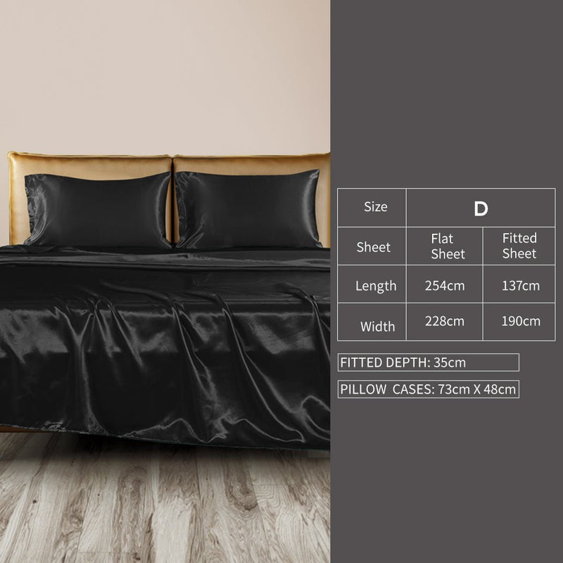 DreamZ Silky Satin Sheets Fitted Flat Bed Sheet Pillowcases Summer Double Black Payday Deals