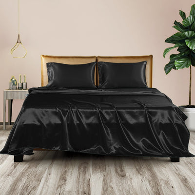 DreamZ Silky Satin Sheets Fitted Flat Bed Sheet Pillowcases Summer Double Black Payday Deals