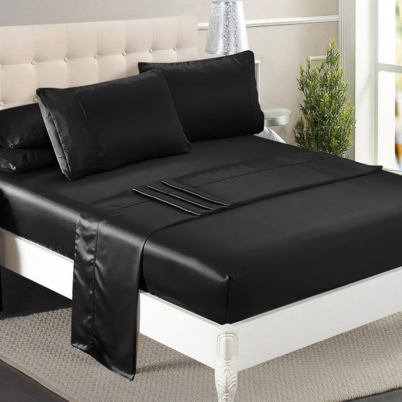 DreamZ Silky Satin Sheets Fitted Flat Bed Sheet Pillowcases Summer Double Black Payday Deals