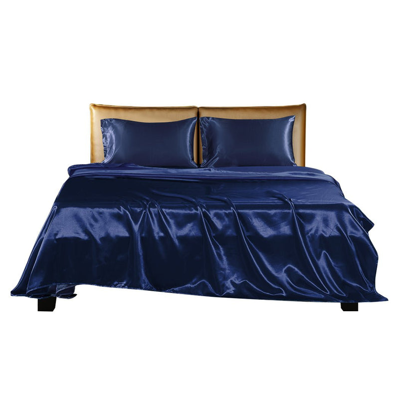 DreamZ Silky Satin Sheets Fitted Flat Bed Sheet Pillowcases Summer Double Blue Payday Deals