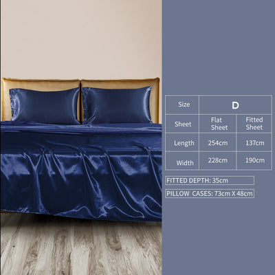 DreamZ Silky Satin Sheets Fitted Flat Bed Sheet Pillowcases Summer Double Blue Payday Deals