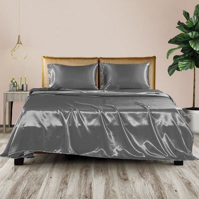 DreamZ Silky Satin Sheets Fitted Flat Bed Sheet Pillowcases Summer Double Grey Payday Deals