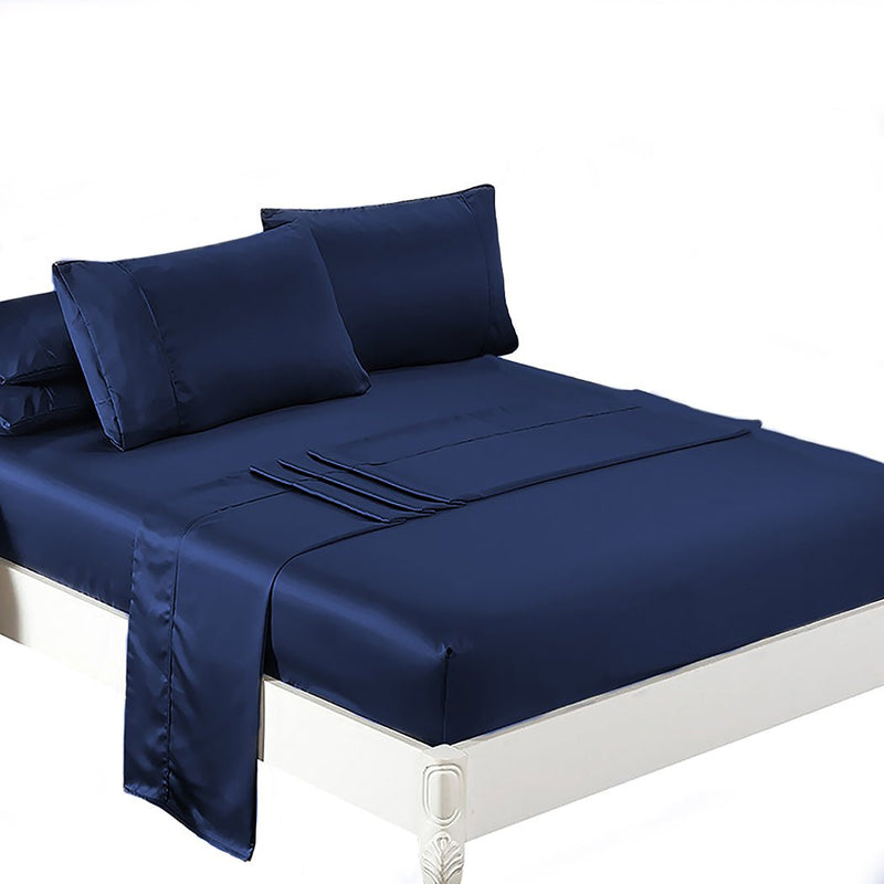 DreamZ Silky Satin Sheets Fitted Flat Bed Sheet Pillowcases Summer King Blue Payday Deals