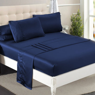 DreamZ Silky Satin Sheets Fitted Flat Bed Sheet Pillowcases Summer King Blue Payday Deals