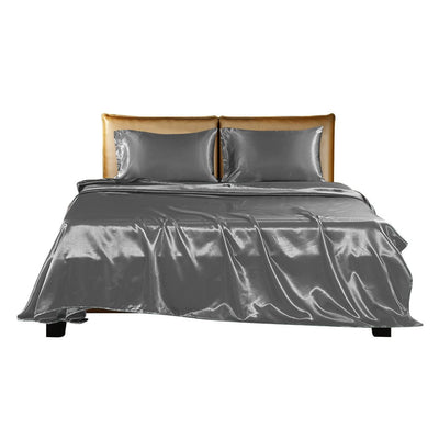 DreamZ Silky Satin Sheets Fitted Flat Bed Sheet Pillowcases Summer King Grey Payday Deals