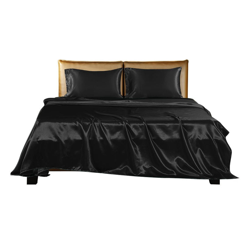 DreamZ Silky Satin Sheets Fitted Flat Bed Sheet Pillowcases Summer Queen Black Payday Deals