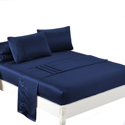 DreamZ Silky Satin Sheets Fitted Flat Bed Sheet Pillowcases Summer Queen Blue Payday Deals
