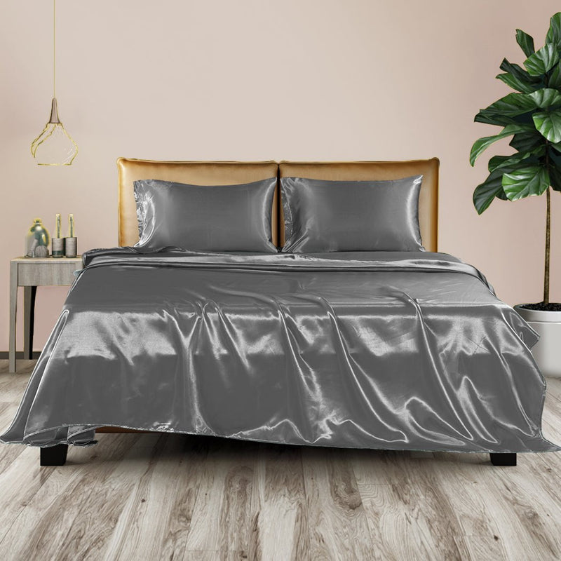 DreamZ Silky Satin Sheets Fitted Flat Bed Sheet Pillowcases Summer Queen Grey Payday Deals