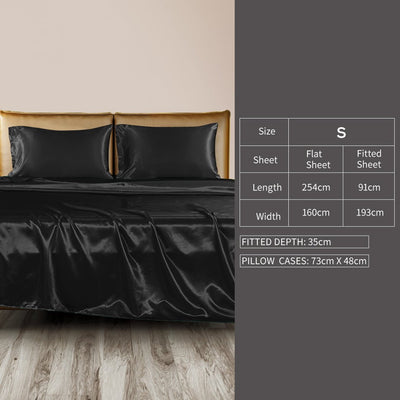 DreamZ Silky Satin Sheets Fitted Flat Bed Sheet Pillowcases Summer Single Black Payday Deals