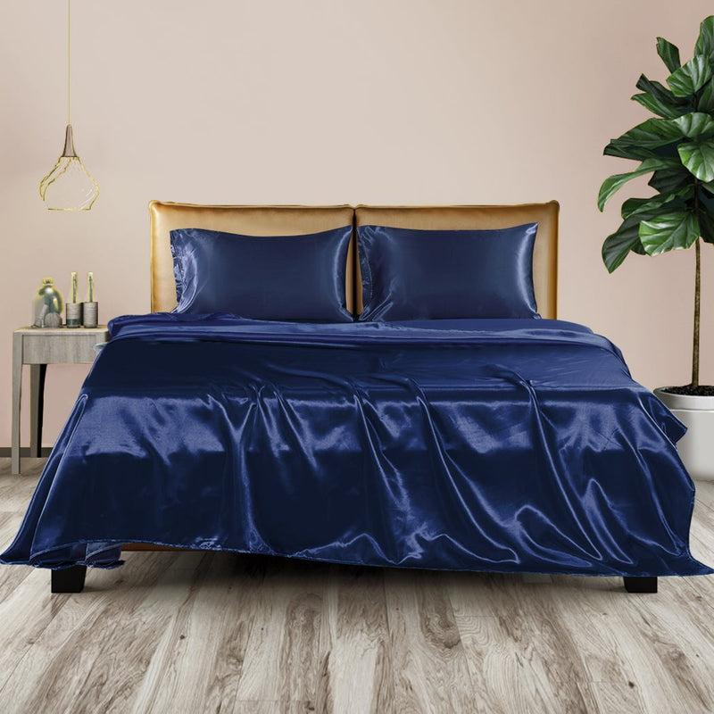 DreamZ Silky Satin Sheets Fitted Flat Bed Sheet Pillowcases Summer Single Blue Payday Deals