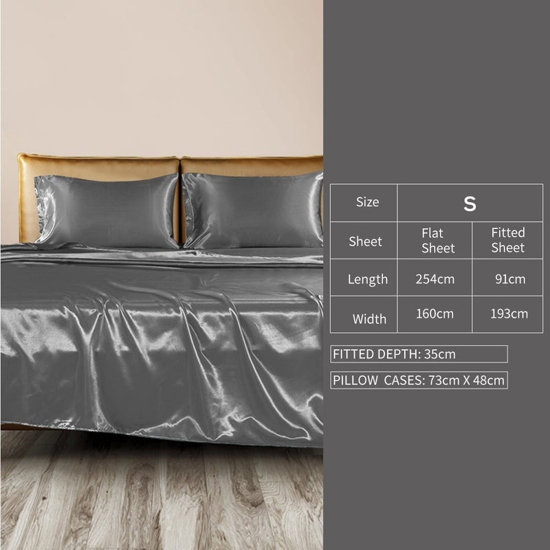 DreamZ Silky Satin Sheets Fitted Flat Bed Sheet Pillowcases Summer Single Grey Payday Deals