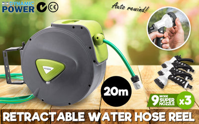 Dynamic Power Garden Water Hose 20M Retractable Rewind Reel Wall Mounted Payday Deals