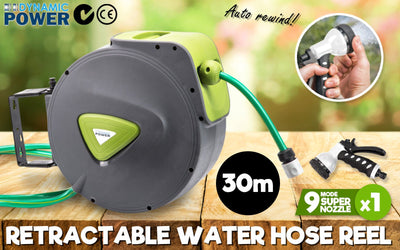 Dynamic Power Garden Water Hose 30M Retractable Rewind Reel Wall Mounted Payday Deals