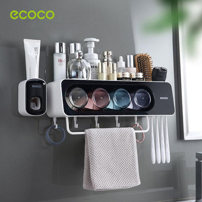 Ecoco Wall-Mounted Toothbrush Holder with 4 Cups and 4 Toothbrush Slots Toiletries Bathroom Storage Rack Black Payday Deals