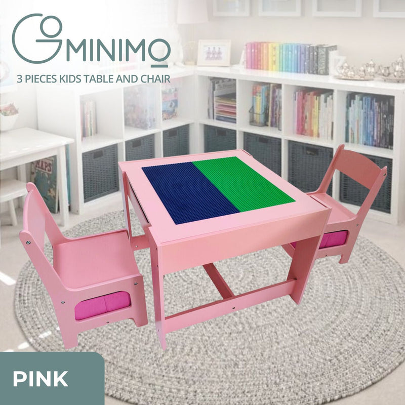 EKKIO 3PCS Kids Table with Lego Baseplate and Chairs Set with Black Chalkboard (Pink) EK-KTCS-105-RHH Payday Deals