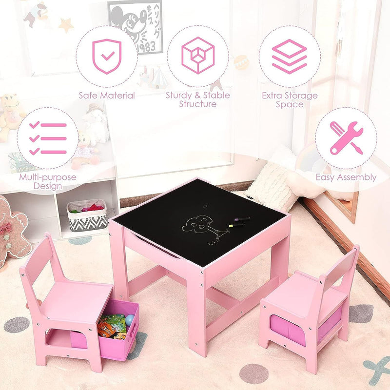 EKKIO 3PCS Kids Table with Lego Baseplate and Chairs Set with Black Chalkboard (Pink) EK-KTCS-105-RHH Payday Deals