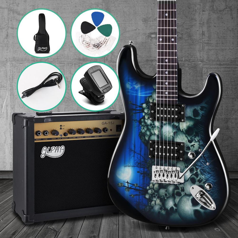 Alpha Electric Guitar And AMP Music String Instrument Rock Blue Carry Bag Steel String