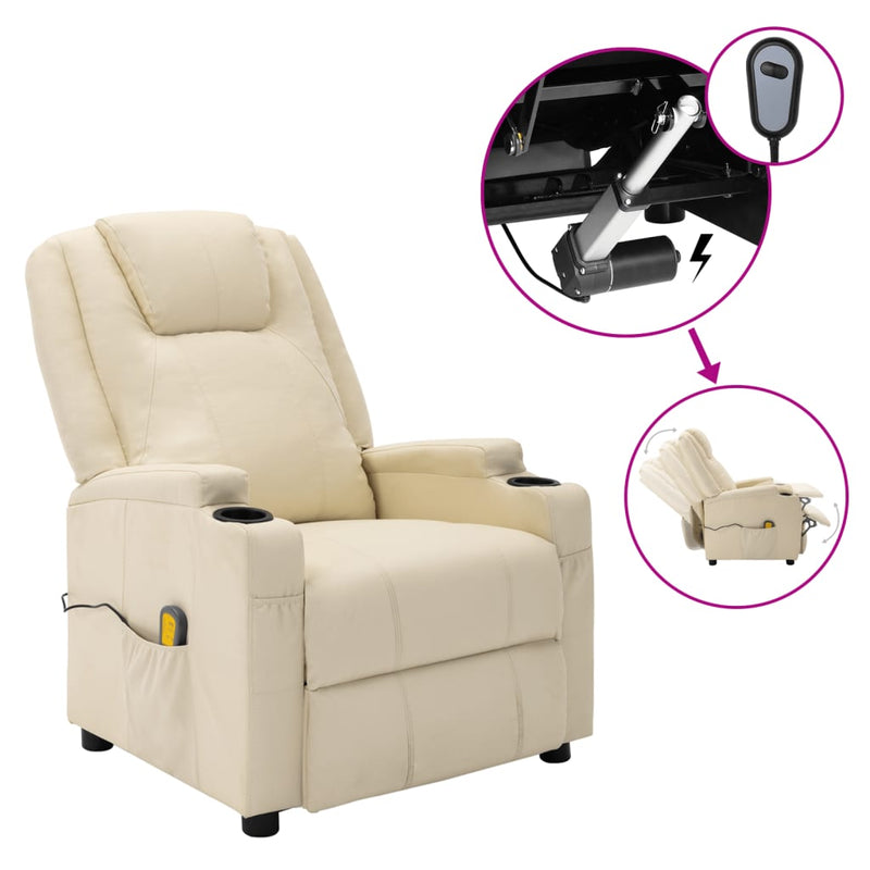 Electric Massage Reclining Chair Cream White Faux Leather Payday Deals