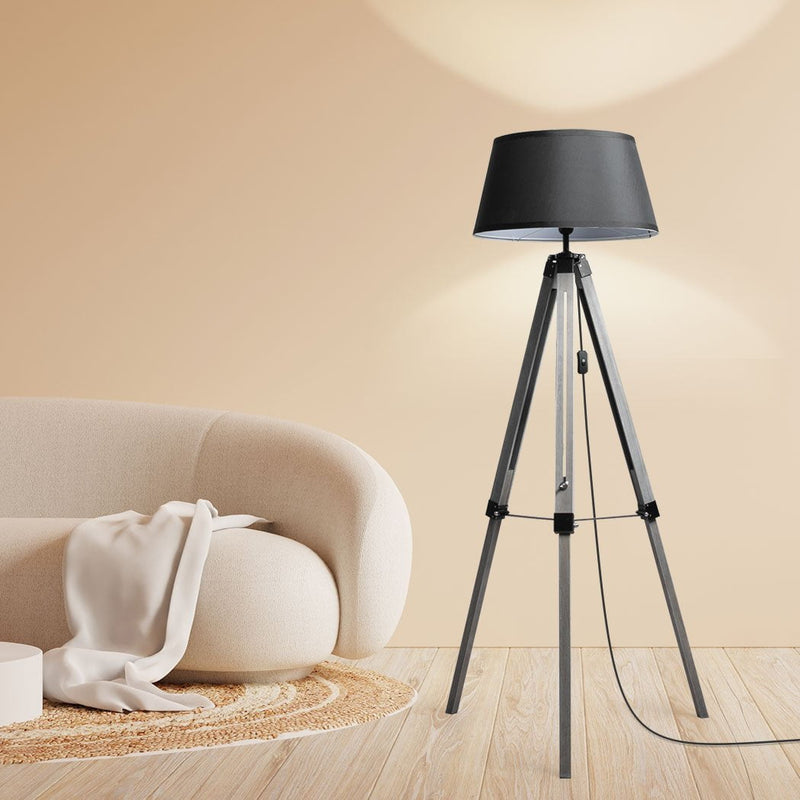 EMITTO Tripod Wooden Floor Lamp Shaded Reading Light Adjustable Home Lighting Payday Deals