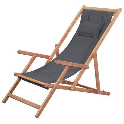 Folding Beach Chair Fabric and Wooden Frame Grey