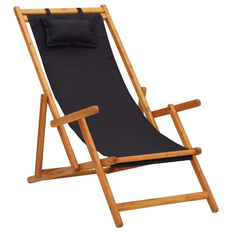 Folding Beach Chair Solid Eucalyptus Wood and Fabric Black Payday Deals