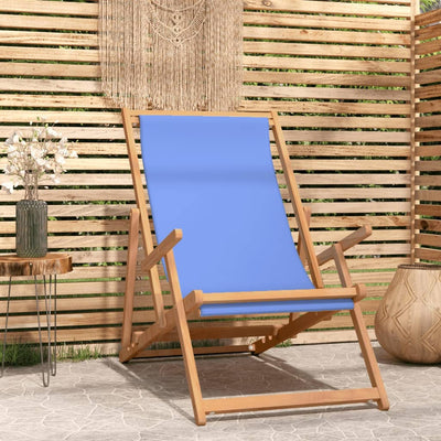 Folding Beach Chair Solid Wood Teak Blue